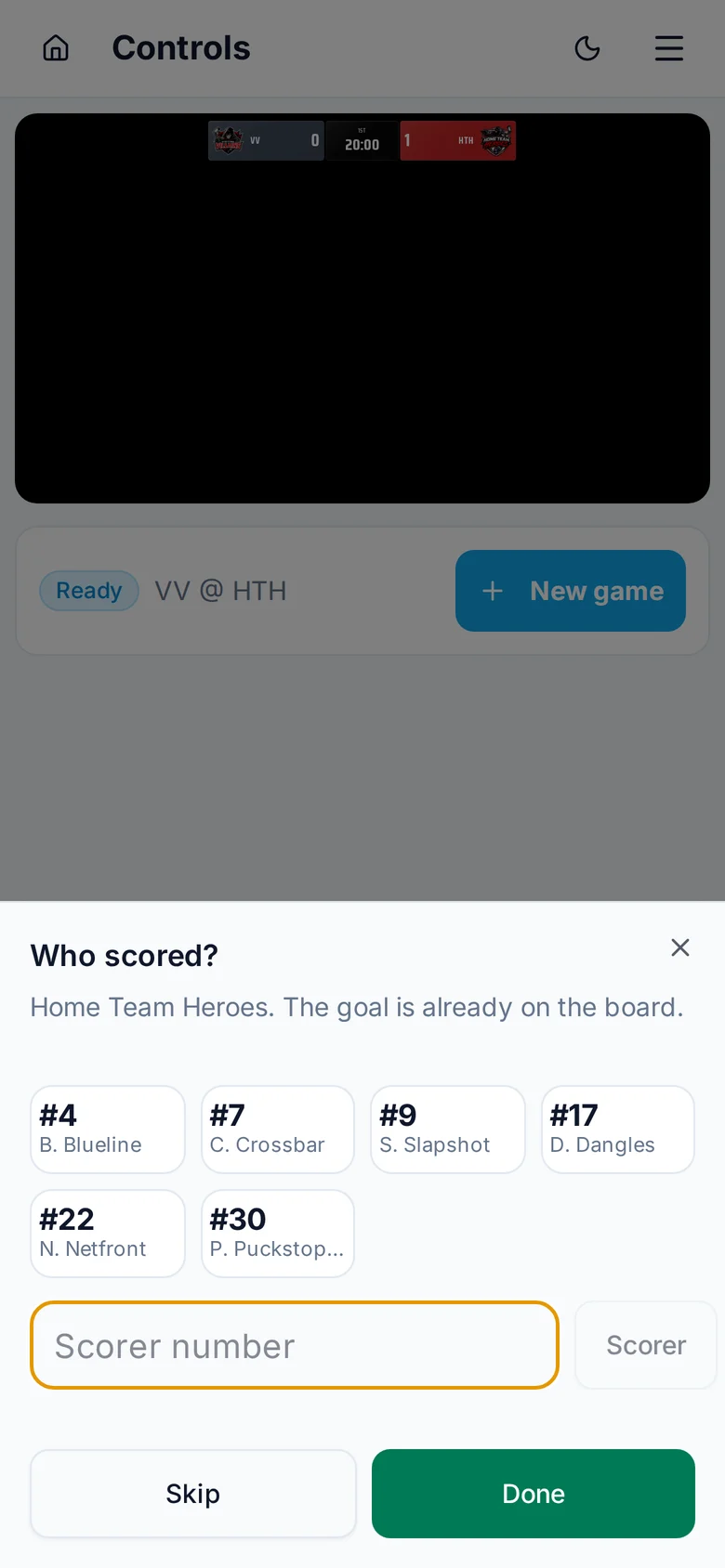 After a goal, the sheet asks who scored. It is optional.