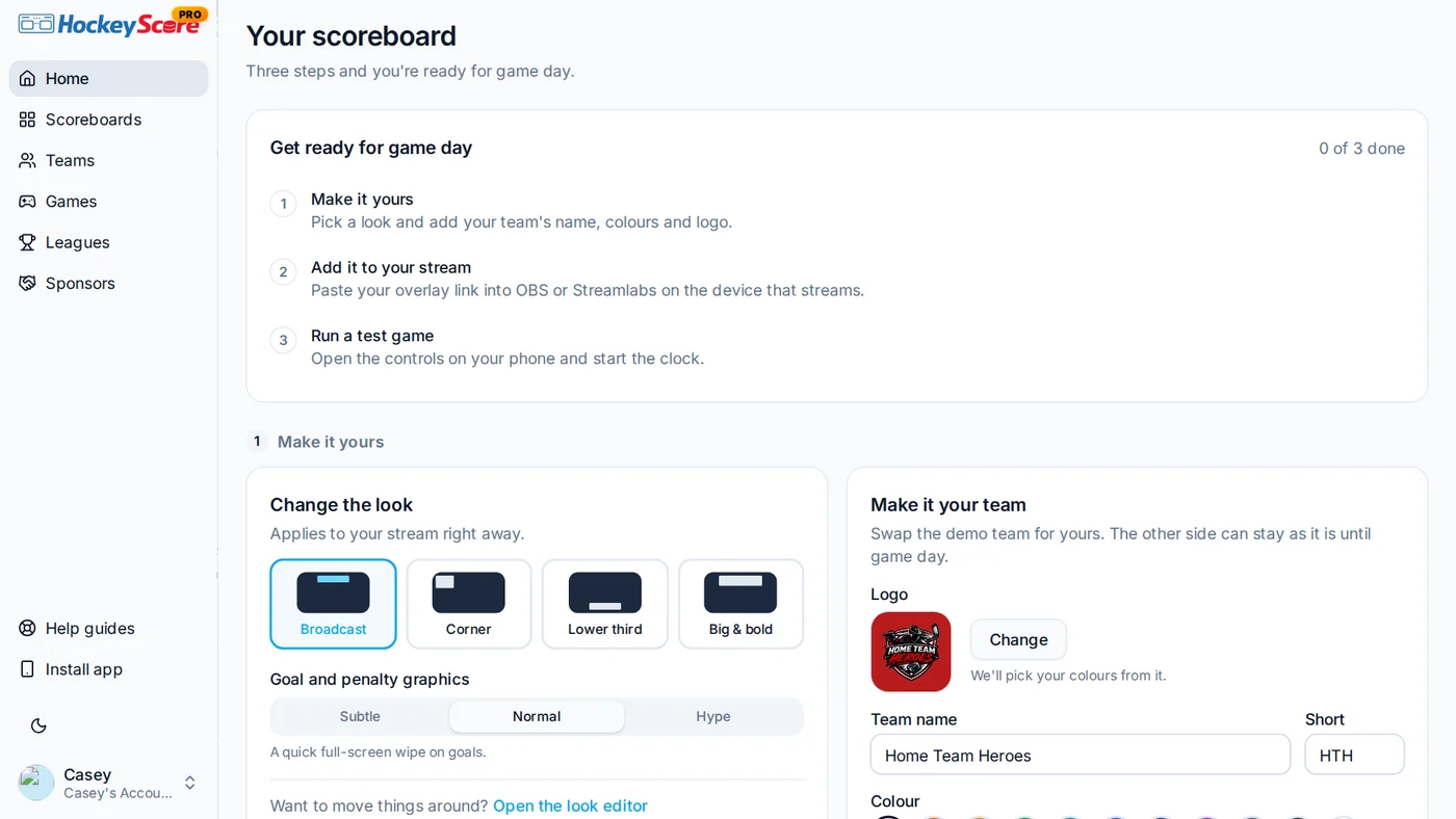 Your scoreboard home: the preview, the link to copy, and setup steps for each app.